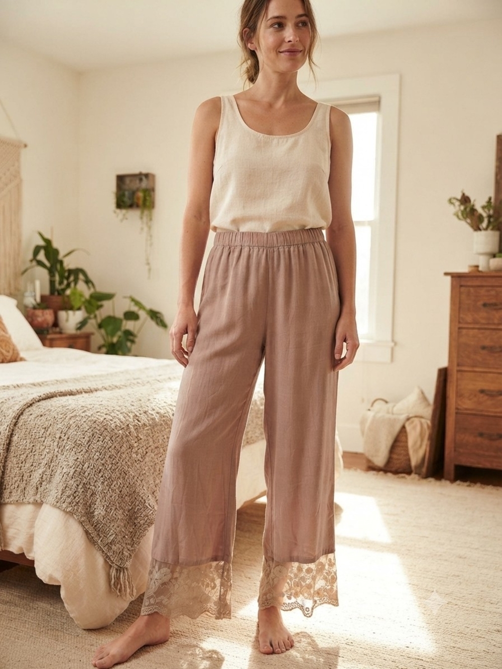 Retro Threads Mauve Floral Lace Trim Wide Leg Lounge Pants Small